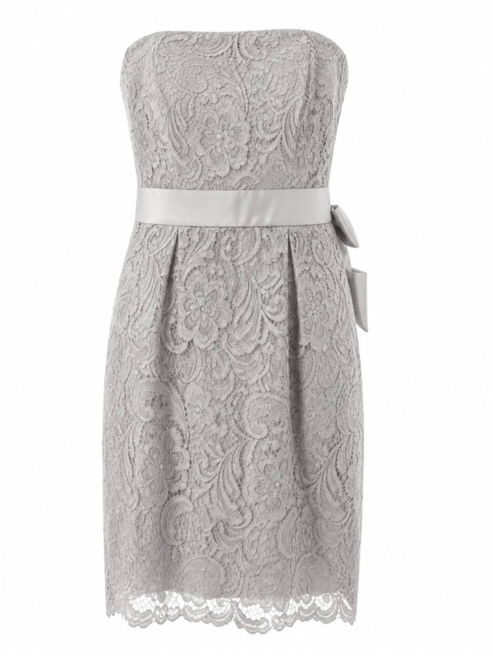 Adrianna Papell Strapless Light Gray Lace Sheath with Satin Waist Bow MSRP $228